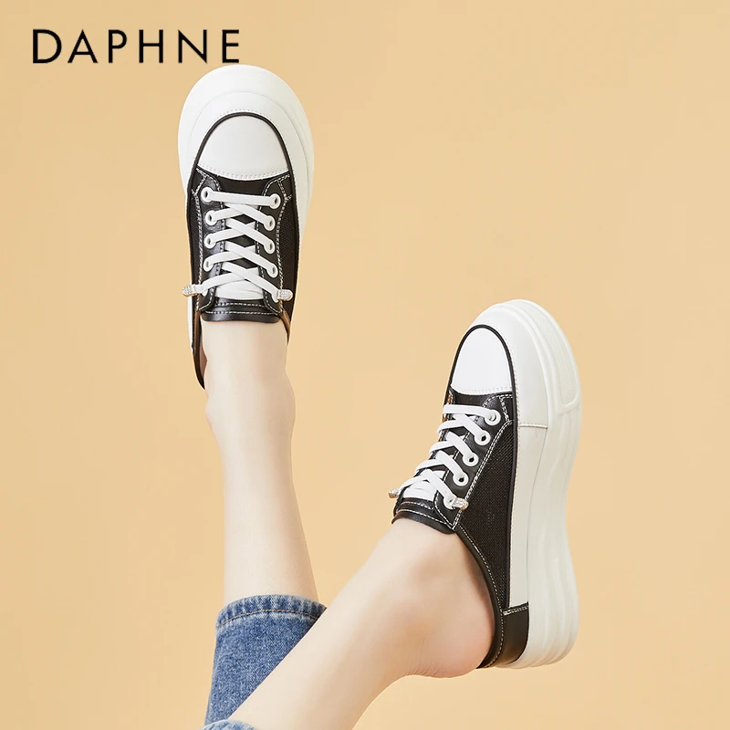 达芙妮包头半拖鞋女外穿小白鞋春秋季增高厚底松糕底一脚蹬凉拖鞋