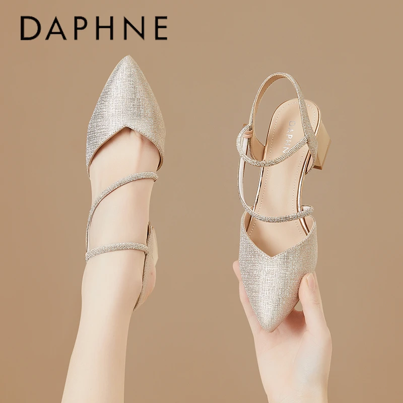 达芙妮高跟鞋女婚鞋香槟色配裙子银色夏季粗跟金色小跟鞋百搭凉鞋