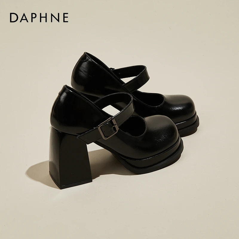 达芙妮复古玛丽珍鞋女JK小皮鞋黑色高跟鞋学院风圆头粗跟10CM单鞋