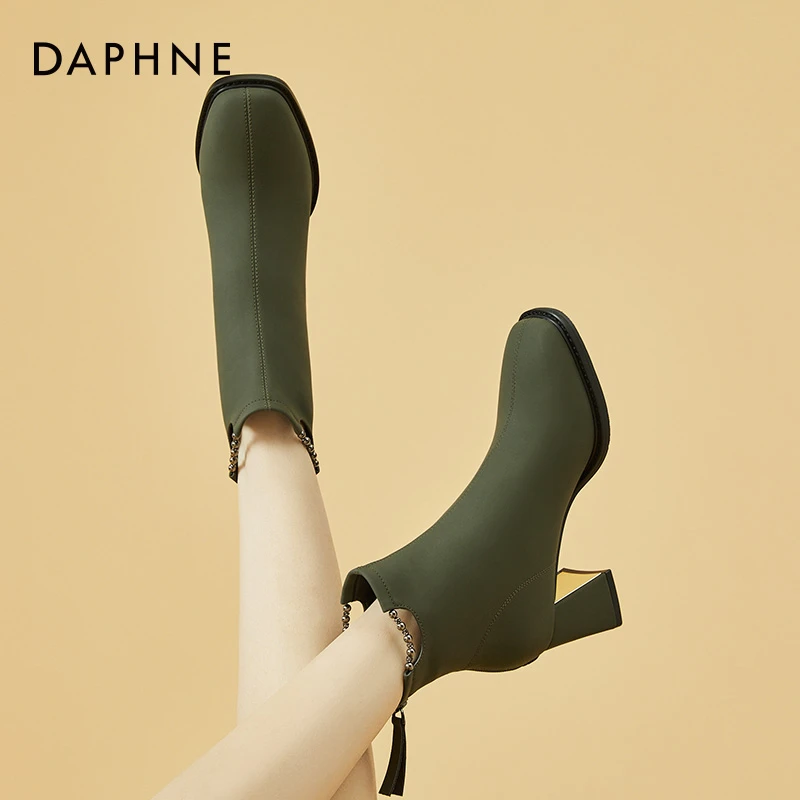 达芙妮绿色靴子女配裙子牛油果粗跟高跟鞋2025秋冬短靴加绒马丁靴