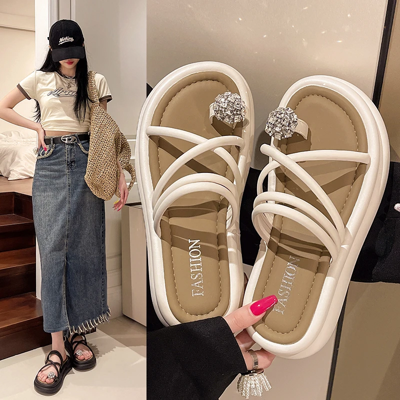 设计感小众套趾凉拖鞋女夏外穿时尚2024新款厚底水钻两穿罗马凉鞋