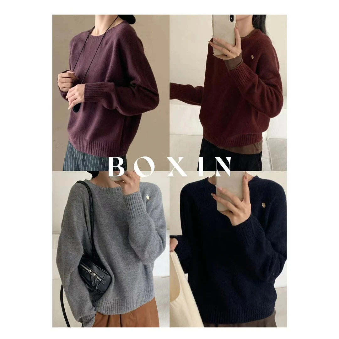 BOXIN【100绵羊毛】秋冬款设计款纯色百搭套头长袖