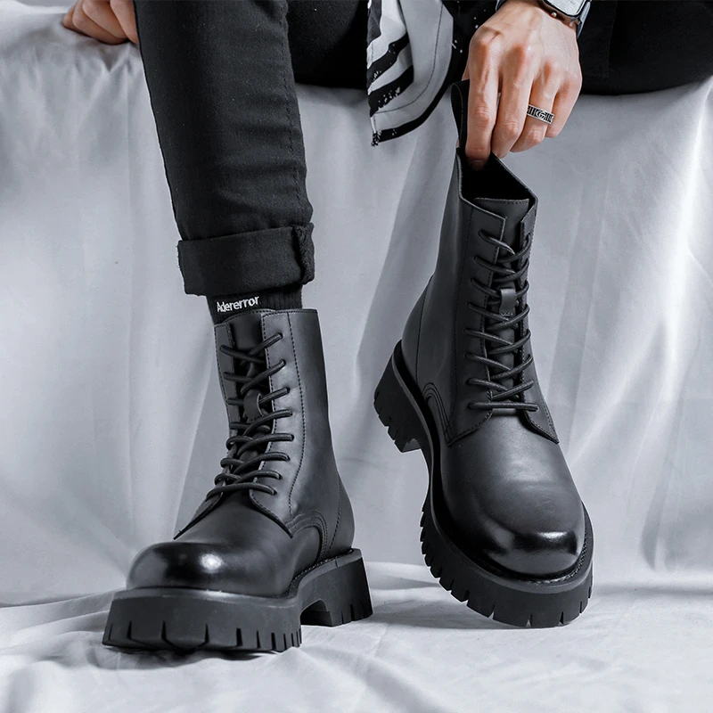 软底增高透气牛皮真皮英伦风厚底休闲高帮男士马丁靴-L93502