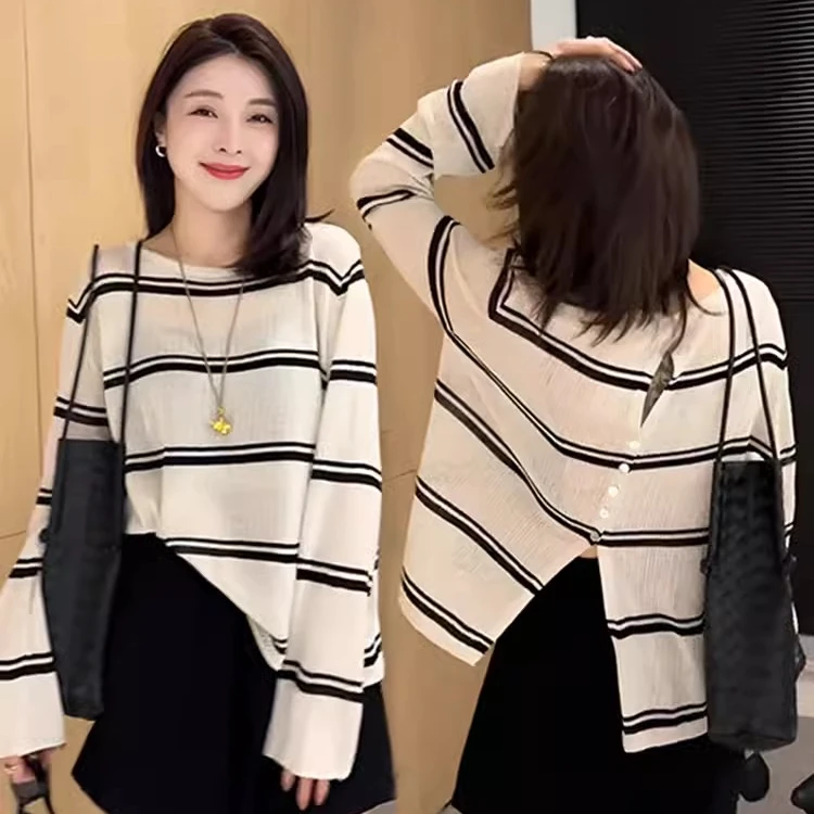 9730大码女装圆领后背开叉设计感长袖针织衫夏季防晒休闲百搭上衣