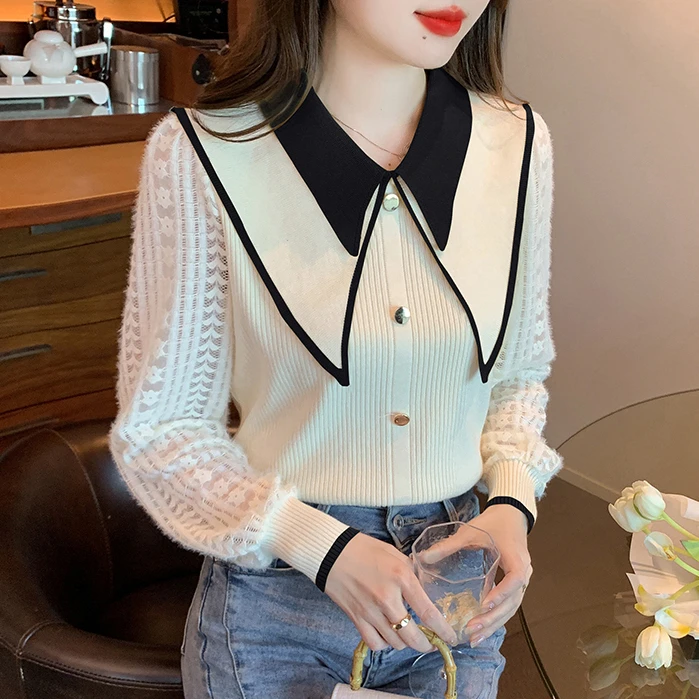 2038大码女装甜美翻领针织衫拼接假两件春新款气质百搭打底衫