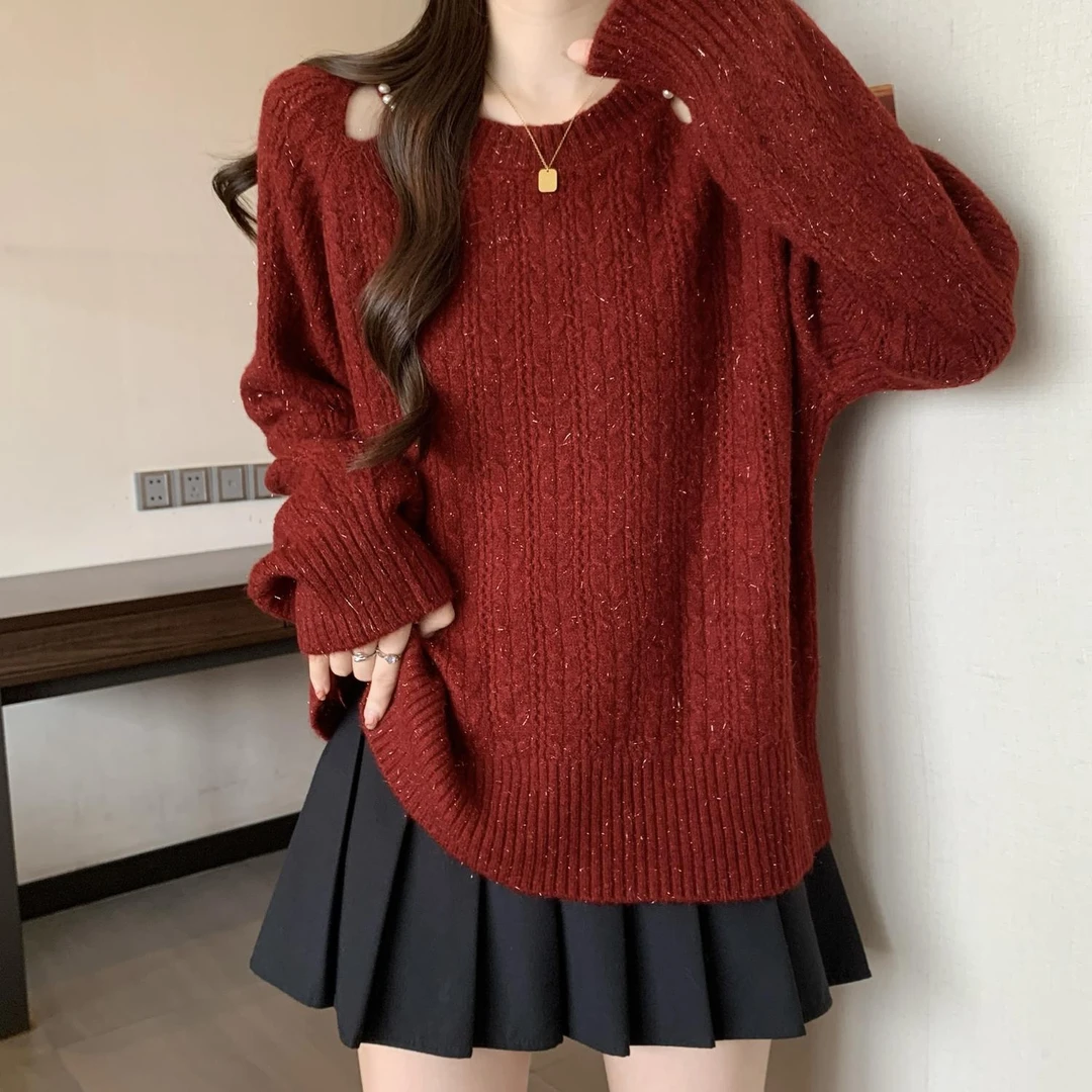 3375大码女装圆领镂空设计毛衣秋冬新款宽松针织衫法式遮肉上衣