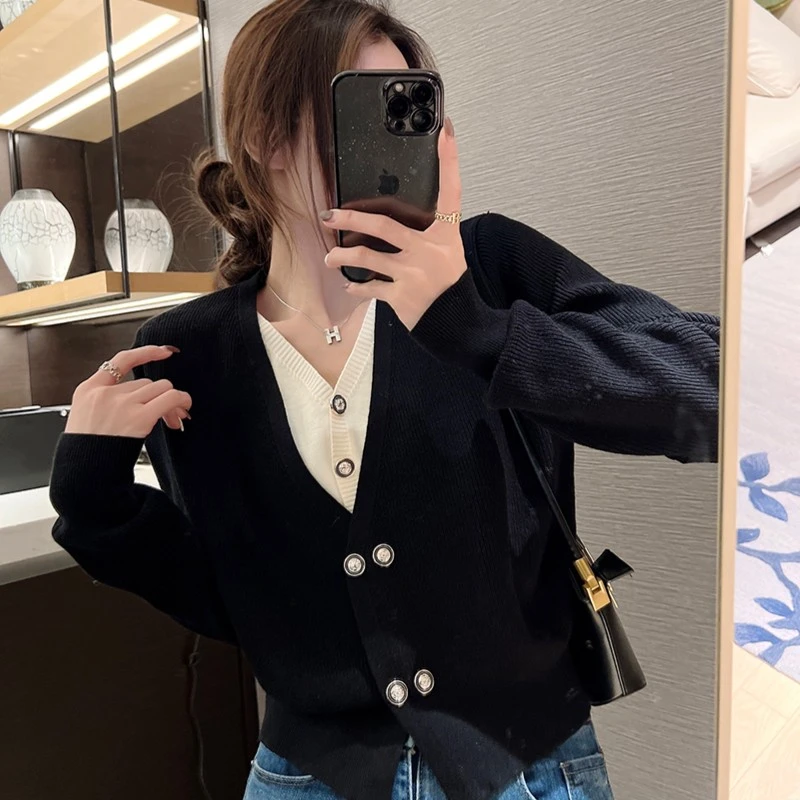 8001大码女装双排扣拼接假两件针织衫秋冬韩版时尚百搭打底衫潮