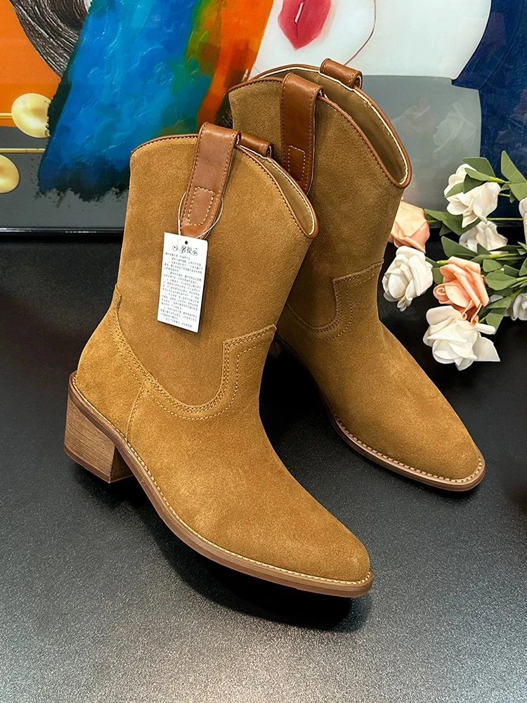 牛皮版~复古磨砂绒面粗跟西部牛仔靴女秋冬新款真皮套筒V口中筒靴