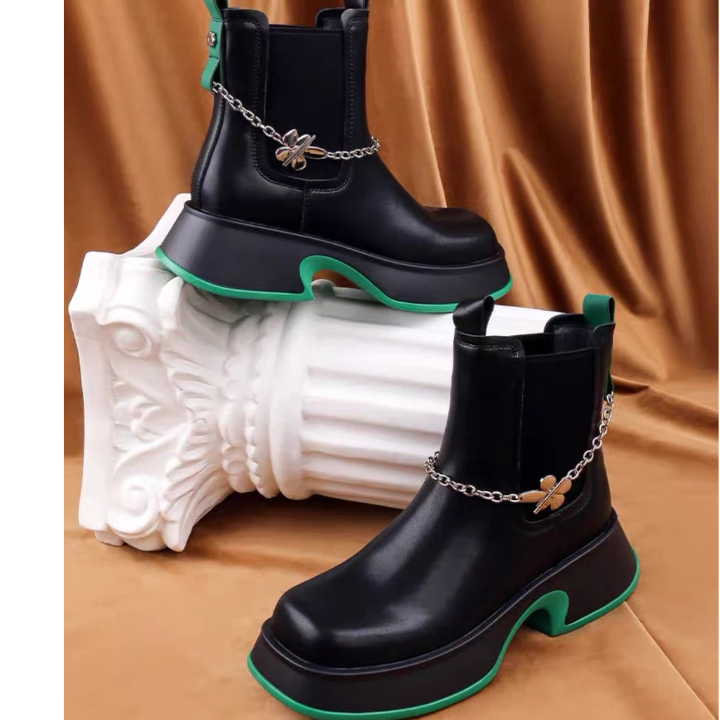 2024时尚百搭真皮厚底英伦风中筒秋冬秋女鞋5677