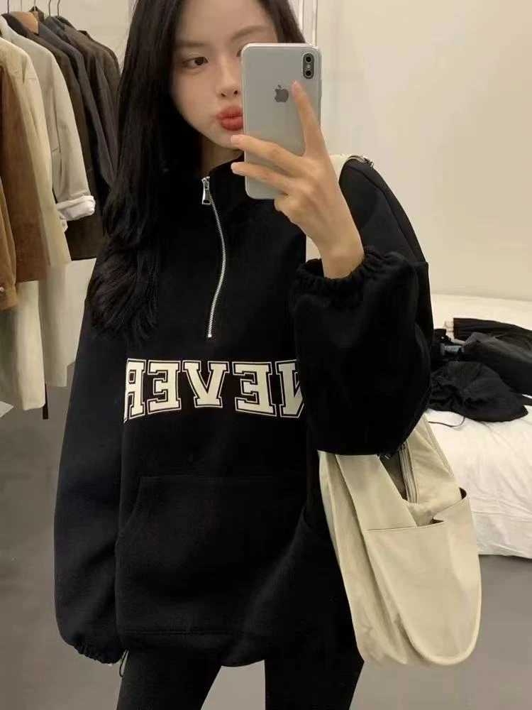 那简家 980冬季新款字母印花半拉链加宝宝绒卫衣