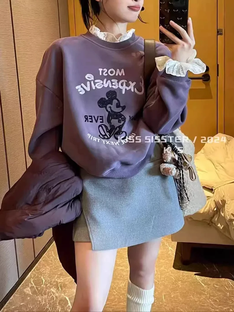 那简家6961 韩系ins拼接蕾丝加绒加厚米奇卡通卫衣