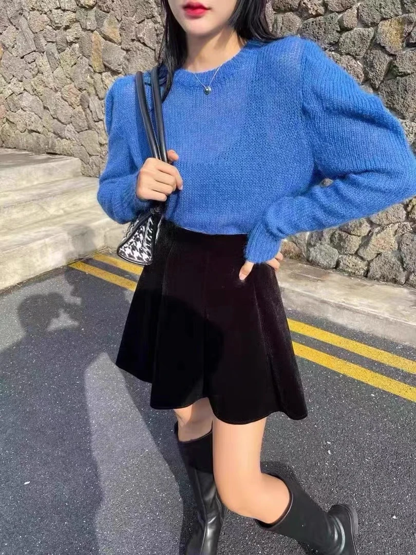 那简家冬季新款百搭减龄9915金丝绒百褶裙