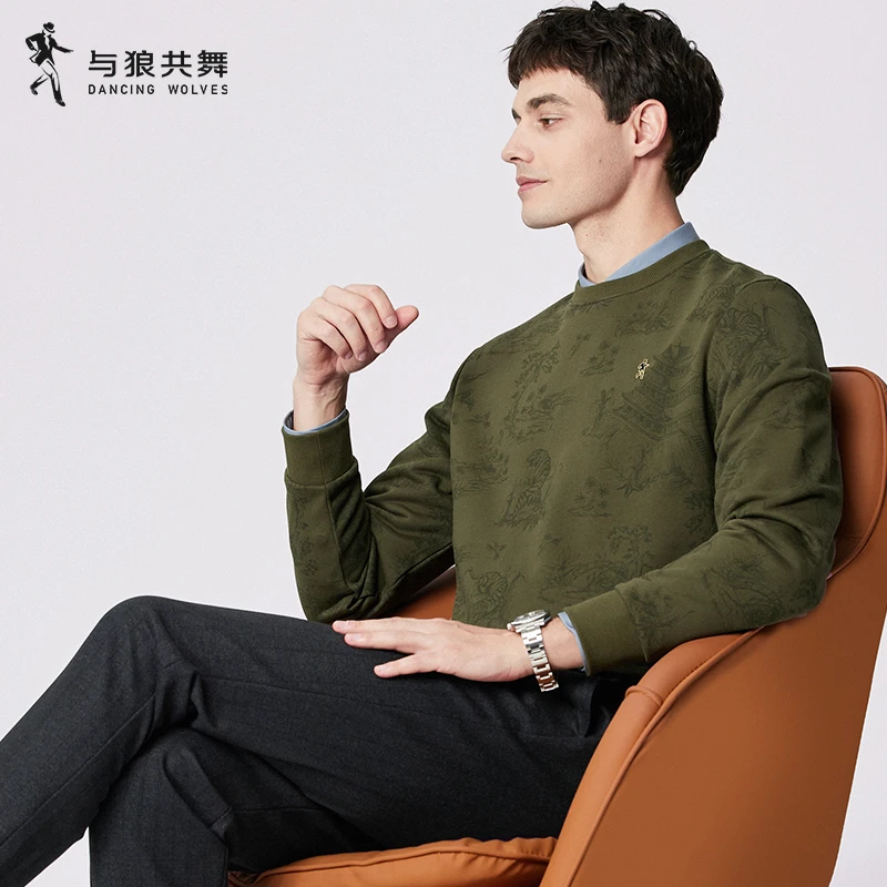 【印花】与狼共舞时尚圆领卫衣2024春季新款刺绣宽松套头休闲上衣男
