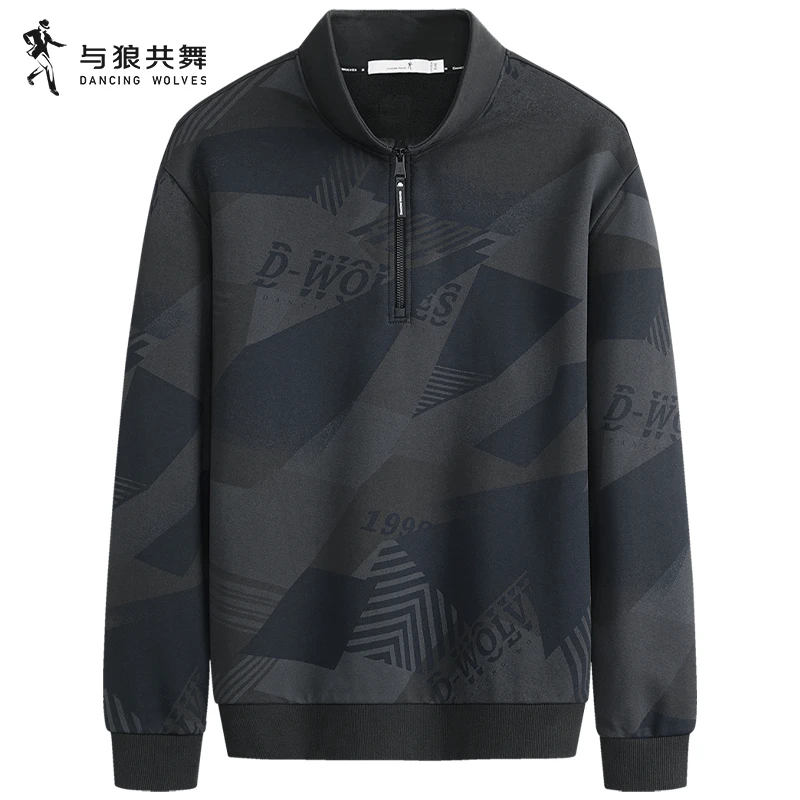 【半拉链】与狼共舞立领时尚卫衣男2025秋季新款休闲风印花套头上衣