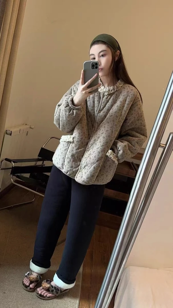 韩系碎花花边领冬季新款睡衣女三层加厚加绒保暖外穿家居服套装