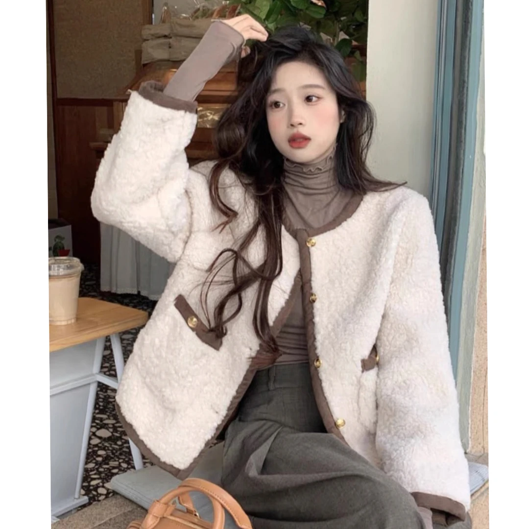 春款厚外套百搭小香风时尚韩版小个子皮毛一体加厚保暖短外套女