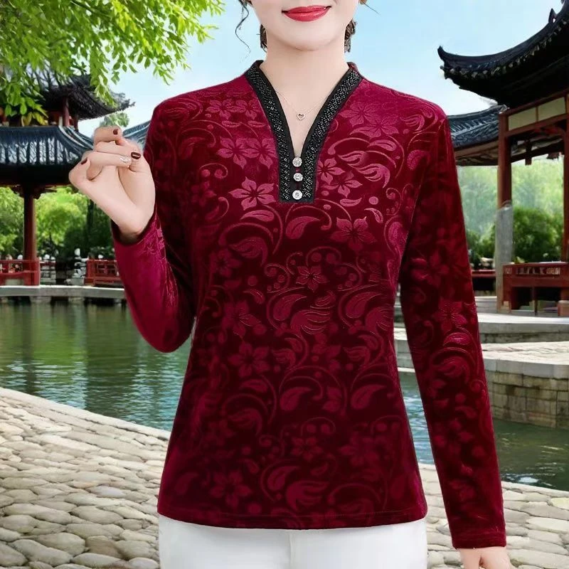 洋气妈妈打底小衫春秋新款中年长袖高档上衣T恤中老年显瘦减龄