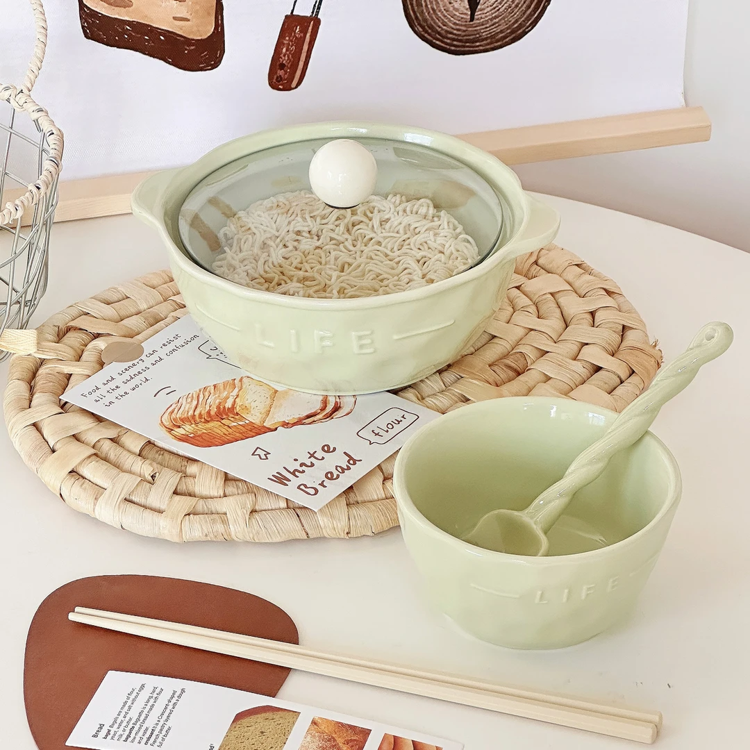 抹茶泡面碗ins浮雕陶瓷釉下彩嗦粉嗦面带盖双耳隔热大容量米饭碗