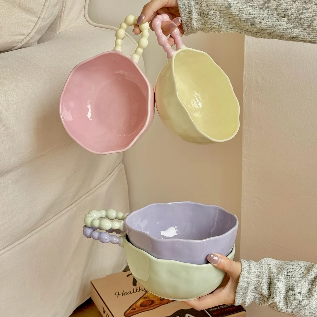 韩风糖豆珠点手把碗汤面碗沙拉碗螺蛳粉碗ins可爱陶瓷碗釉下彩