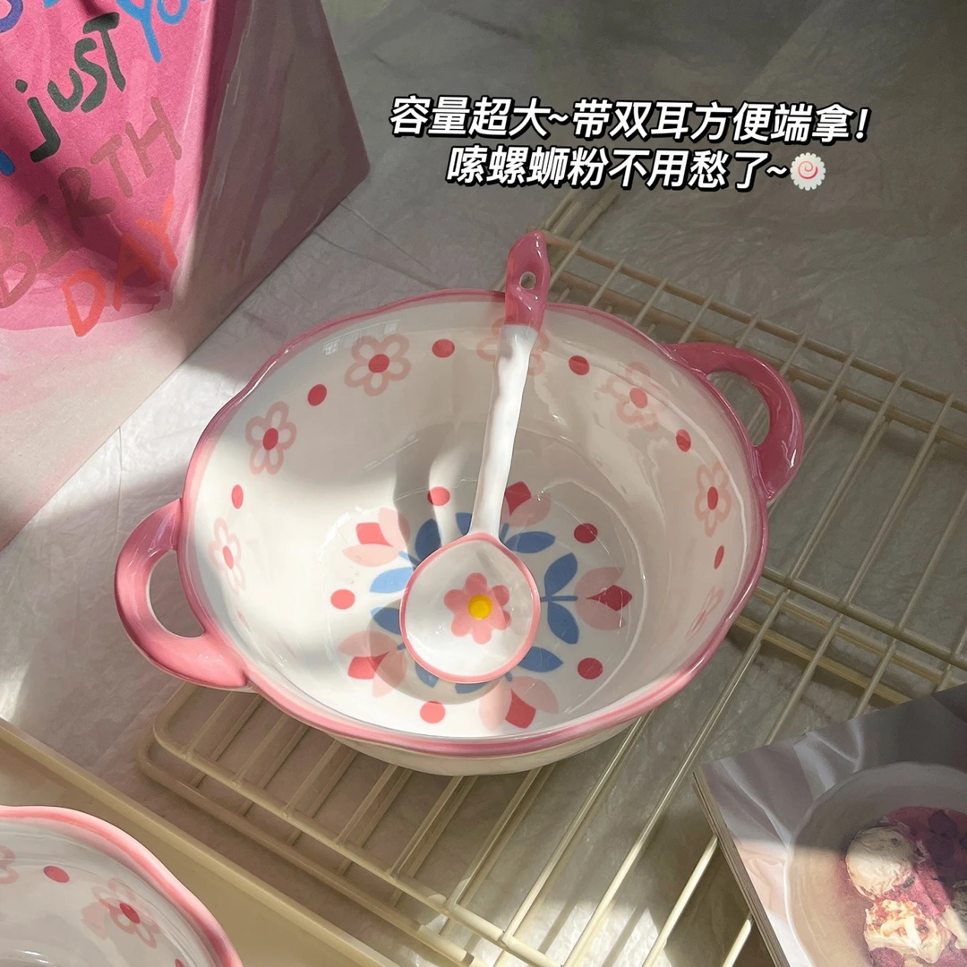 【2件套】朵拉花园1.2L双耳大汤面碗泡面碗螺蛳粉碗少女陶瓷餐具