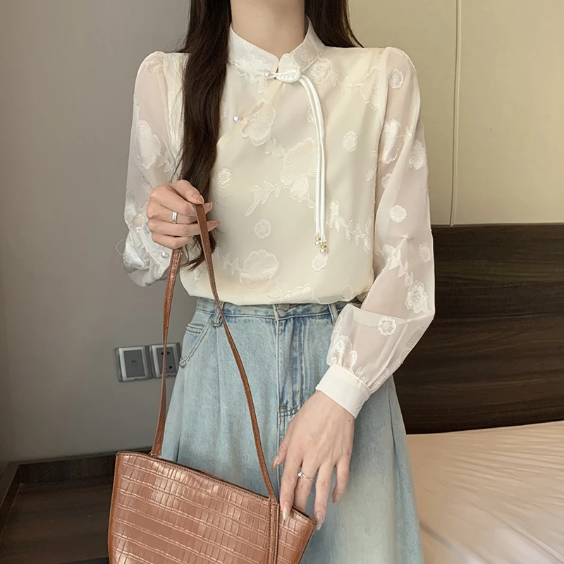 新中式改良旗袍立领盘扣女装上衣春秋复古提花设计感国风雪纺衬衫