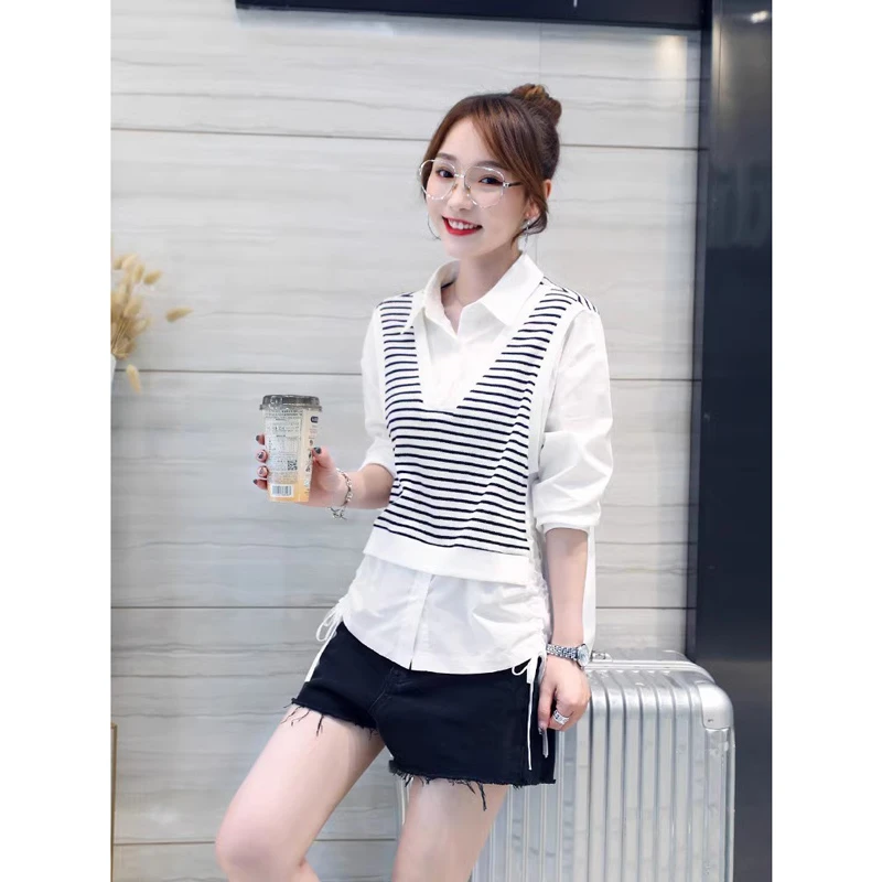 假两件长袖衬衫女士2024春秋新款设计感小众条纹拼接时尚衬衣上衣