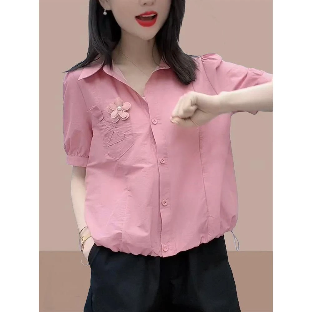 衬衫女短袖夏季新款时尚韩版小个子设计感短款衬衣宽松显瘦上衣服