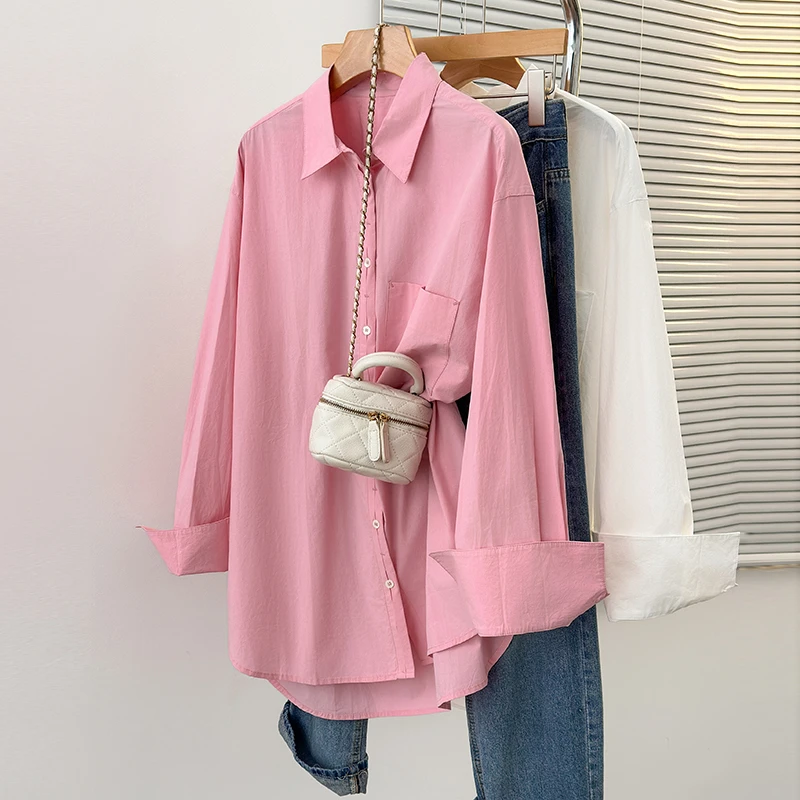 粉色洋气别致正肩长袖衬衫女春秋法式休闲设计感小众通勤修身上衣