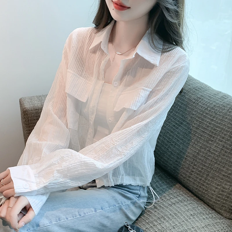 防晒衬衫女短款2024夏季新款法式下摆抽绳设计感小众休闲开衫外套