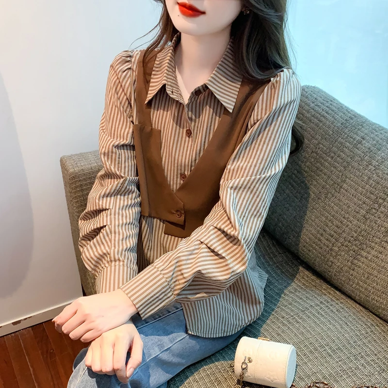 时尚马甲假两件拼接竖条纹衬衫女长袖秋季新款欧货设计感休闲上衣