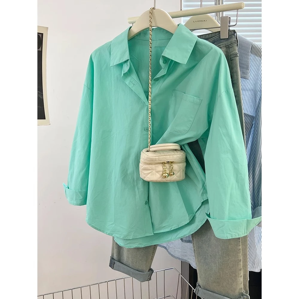 薄荷绿色衬衫外套女秋季2024新款法式小个子衬衣休闲宽松长袖上衣