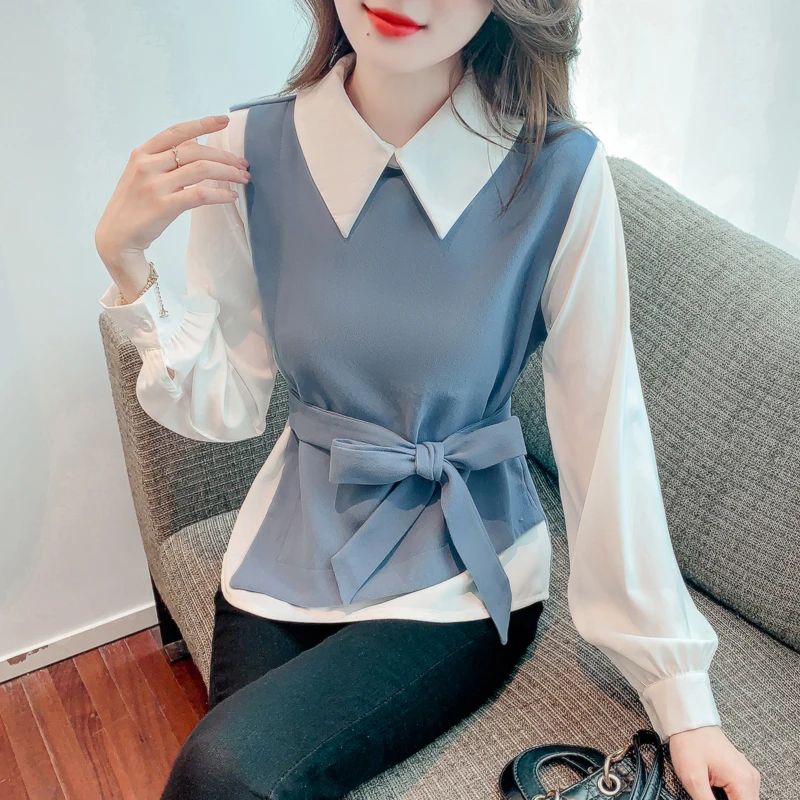 假俩件长袖衬衫女春秋法式设计感时尚洋气收腰小衫女士休闲上衣服