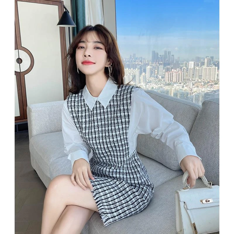 春装2023年新款女气质洋气衬衫小香风假两件连衣裙春季小个子早春