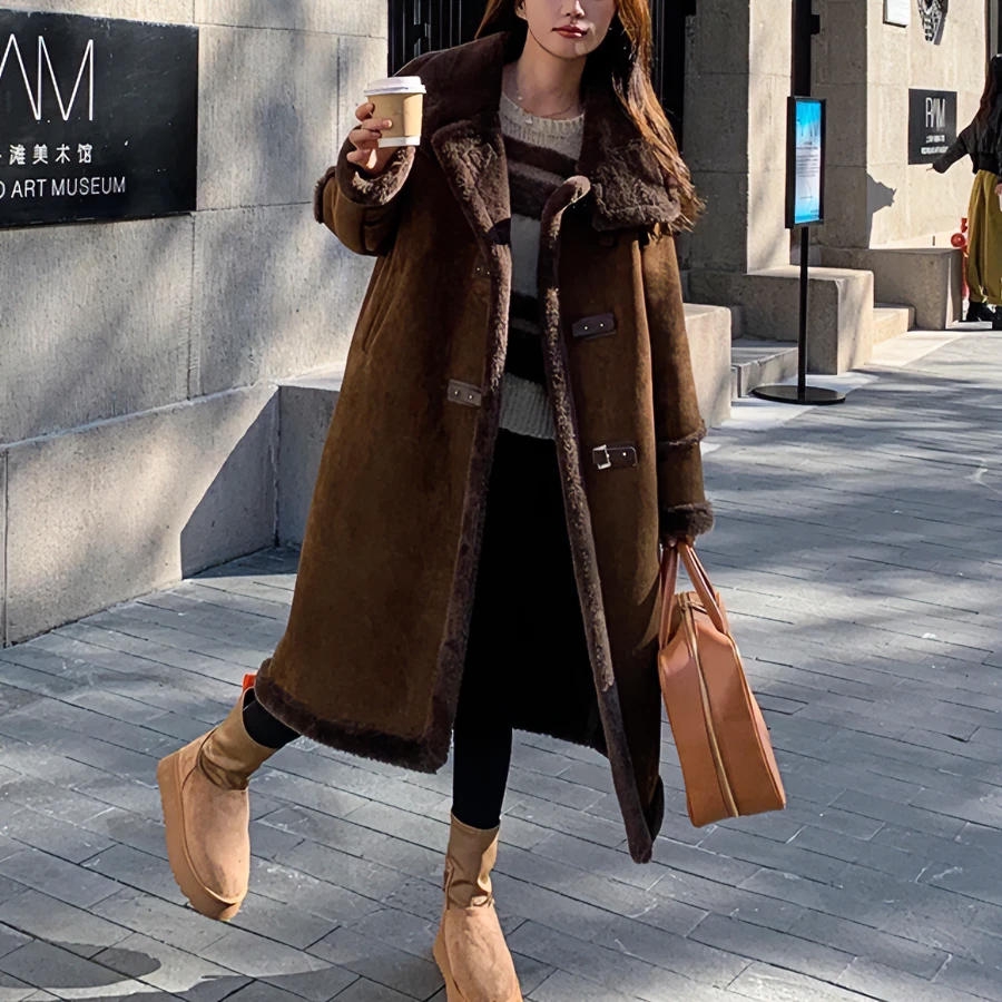 美拉德拼接大衣机车服韩版宽松加厚保暖麂皮绒长款外套皮毛一体