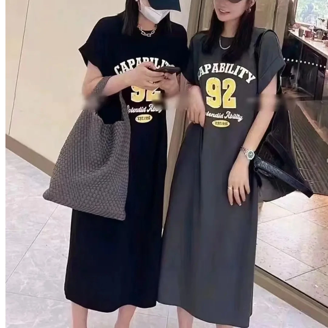 侧开叉宽松印花显瘦夏季连衣裙长款