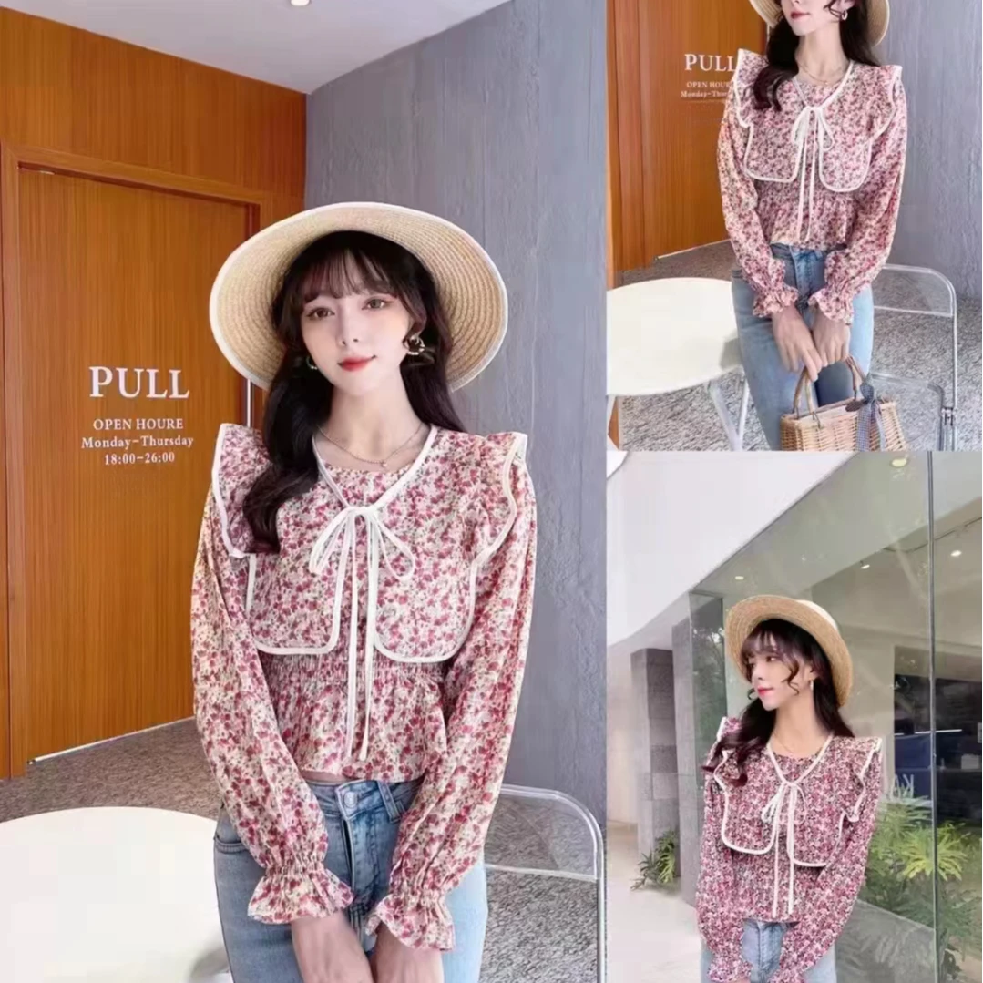 （800-899）蕾丝雪纺碎花衬衫收腰一字肩系带披肩长袖上衣春夏秋款