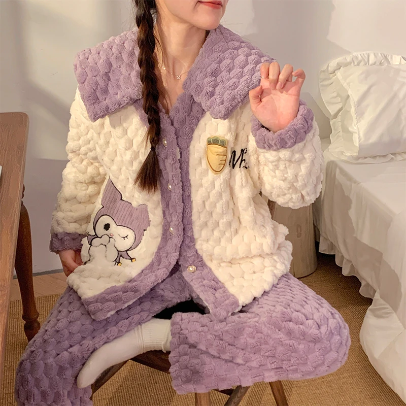 淘挚爱冬季紫色卡通珊瑚绒厚款V领长袖保暖睡衣女家居服套装HC045