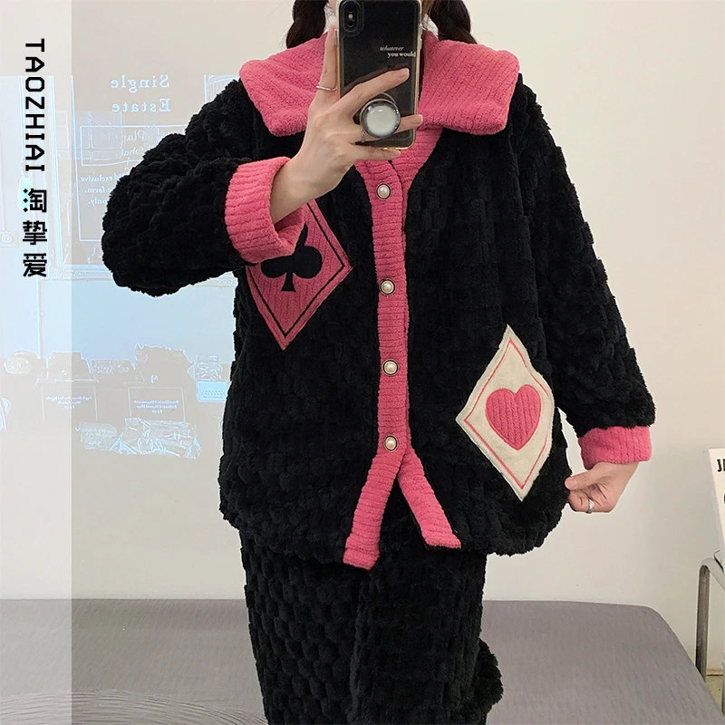 淘挚爱睡衣女秋冬珊瑚绒长袖加绒卡通可爱保暖家居服套装HC033