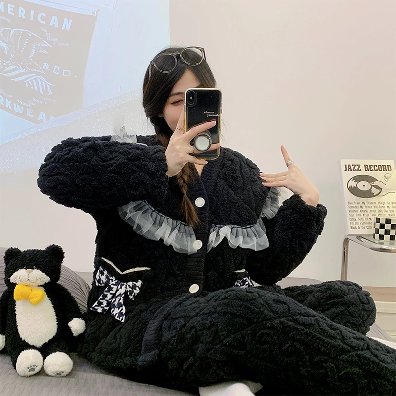 三层夹棉加绒睡衣冬日居家限定版睡衣皮肤保暖女家居服套装314黑