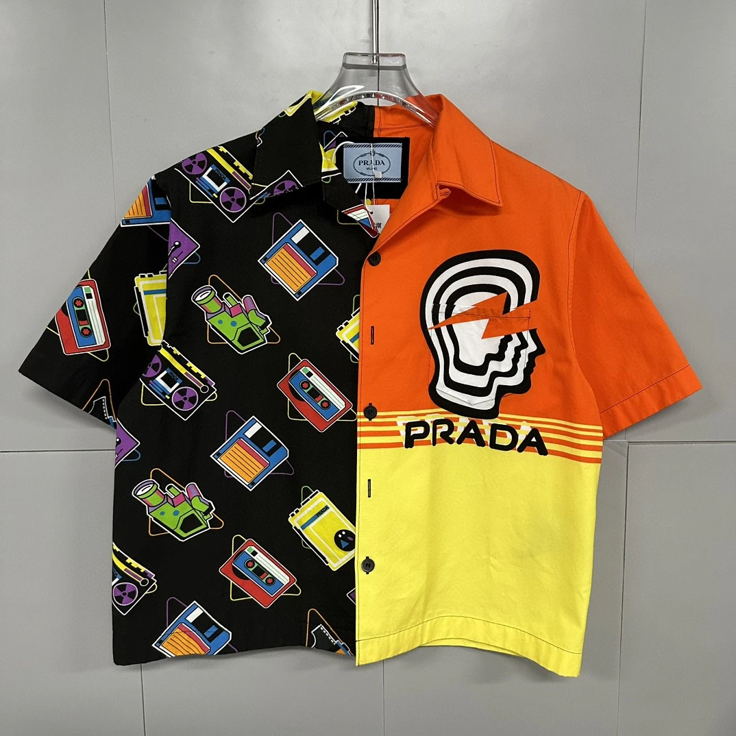 未使用 Prada/普拉达 磁带大脑印花短袖衬衫 M码 D11010