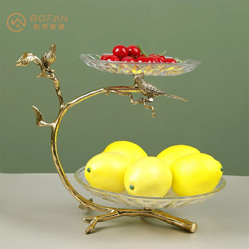 bofan/柏梵【喜上枝头黄铜果盘】百搭轻奢精美双层黄铜水晶艺术果盘