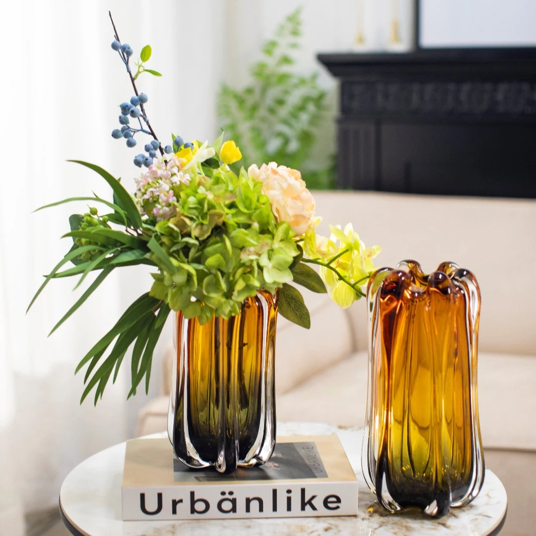 bofan/柏梵【暖色朝阳】琥珀色渐变花瓣褶皱花瓶轻奢玄关餐桌花瓶