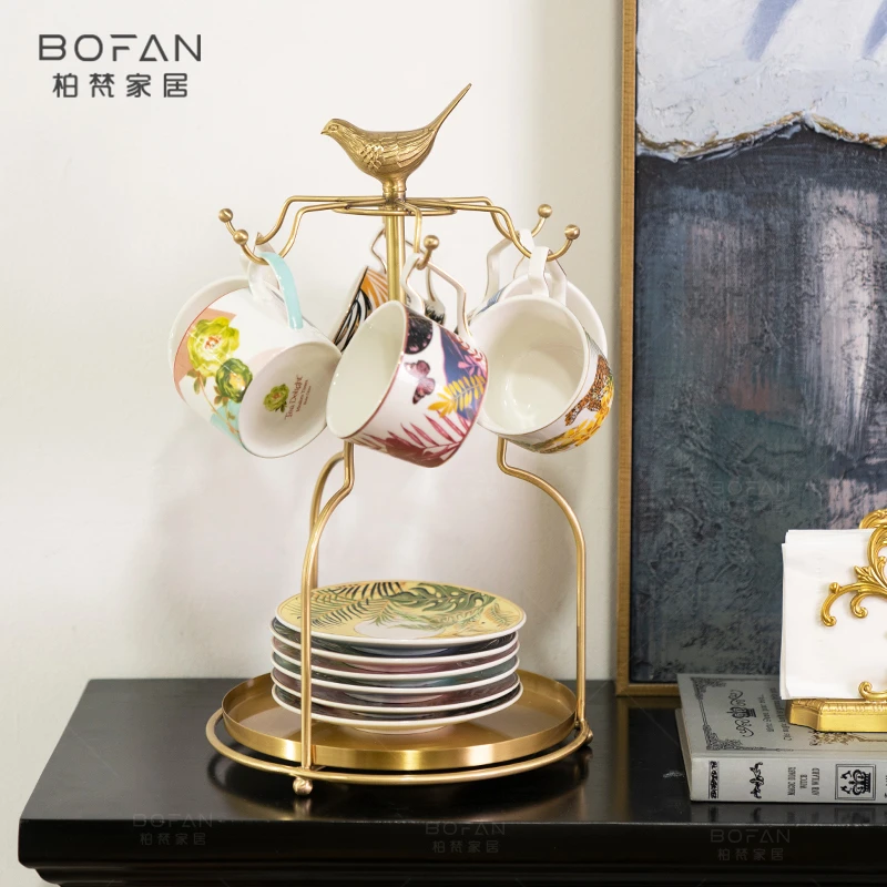 bofan/柏梵黄铜轻奢小鸟杯架收纳架桌面桌架挂杯悬挂水杯置物摆件