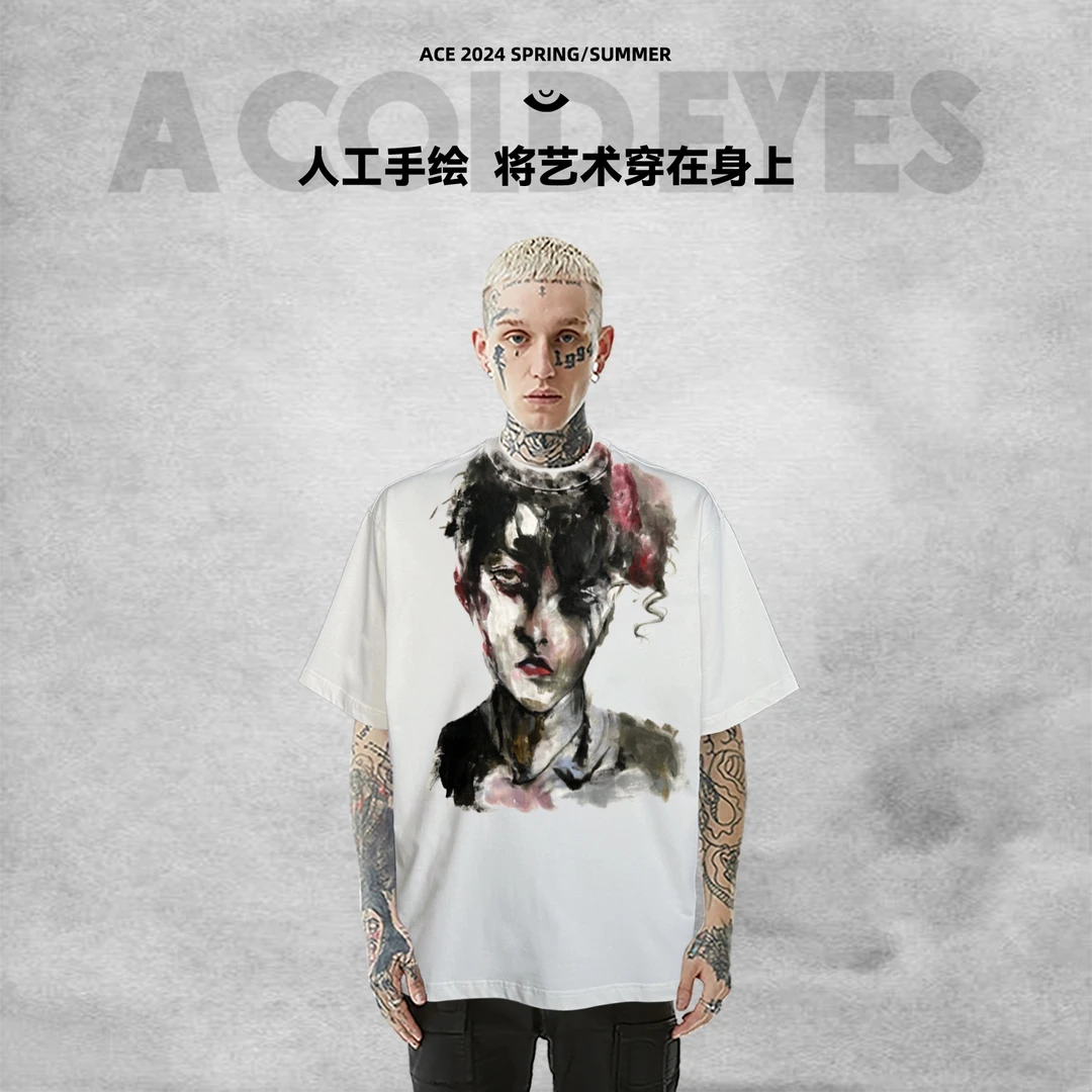 【冷目】夏季手绘涂鸦人像美式潮流宽松圆领男士短袖T恤AC-2581