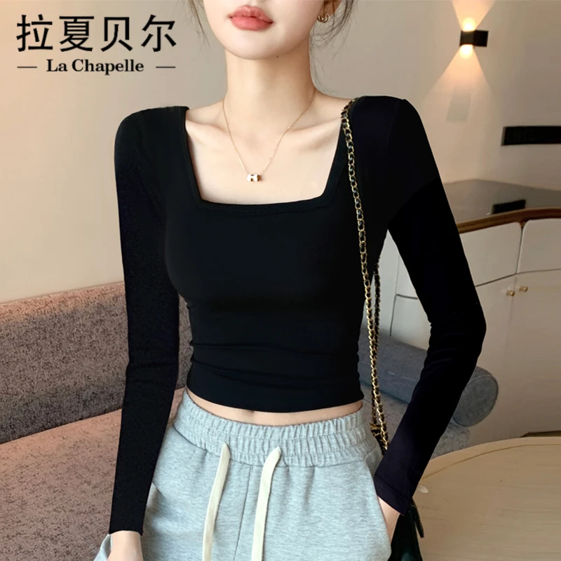 拉夏贝尔JS棉质黑色短款方领长袖T恤春秋高腰打底衫打底衫女内搭