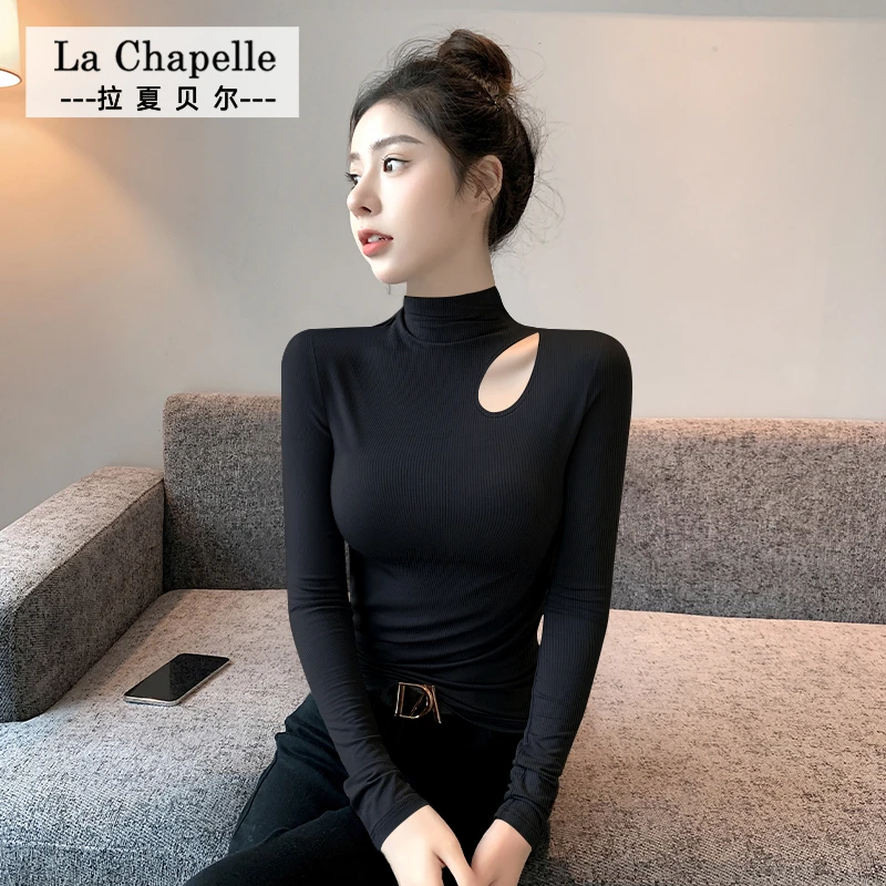 拉夏贝尔JS黑色镂空半高领气质打底衫春秋内搭长袖高级感修身T恤