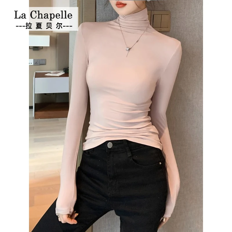 拉夏贝尔JS时尚高领打底衫女薄款修身长袖t恤弹力内搭女打底衫