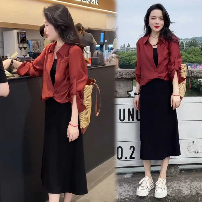 早秋穿搭套装2025新款女士减龄气质小个子衬衫背心吊带裙子两件套