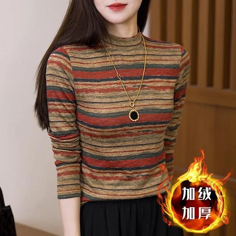 美拉德穿搭条纹撞色减龄长袖打底衫秋冬新款时尚加绒内搭上衣女装
