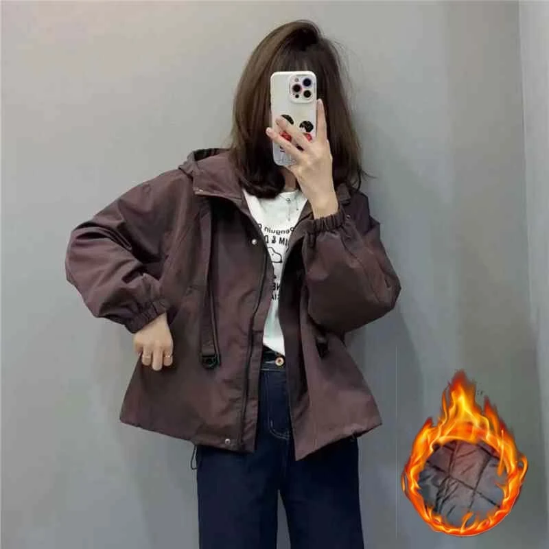 连帽冲锋衣外套女短款夹棉加厚2024秋冬新款小个子简约风棉服上衣